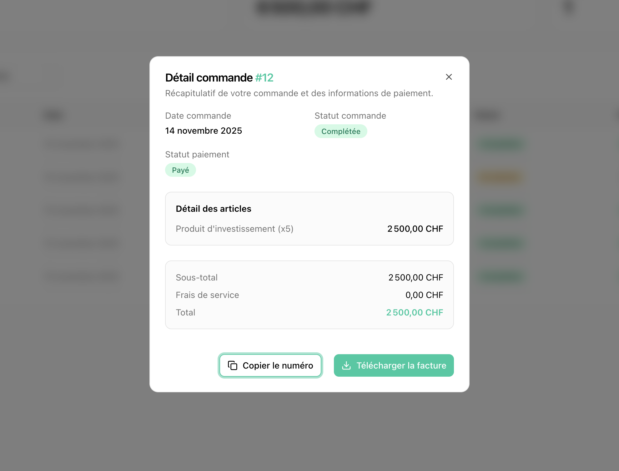 Récapitulatif de commande Evorev complétée